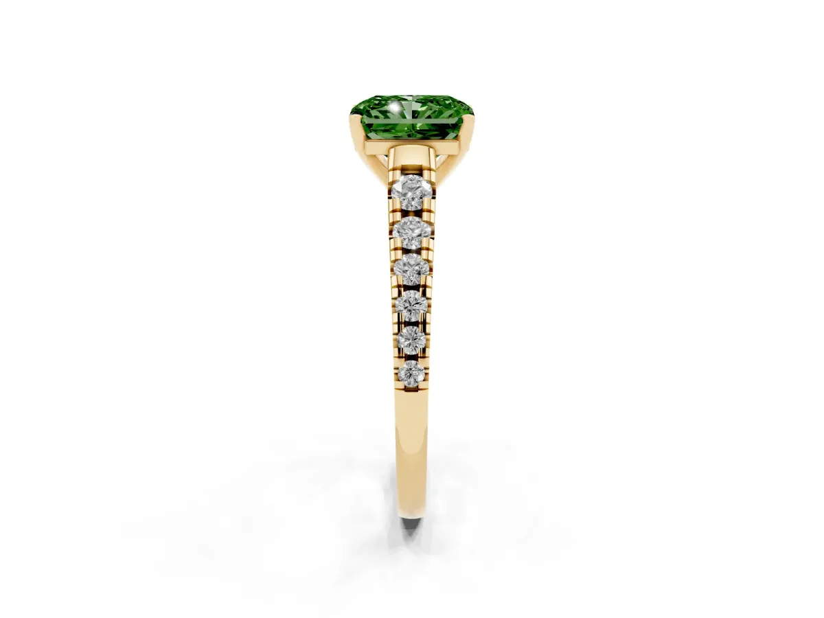 Fancy Green Radiant Cut Diamond Cathedral Solitaire Ring with Round Pavé Band Yellow gold