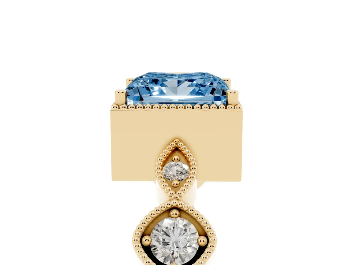 Fancy Blue Princess Cut Diamond Vintage Milgrain Ring with Round Stations Yellow gold