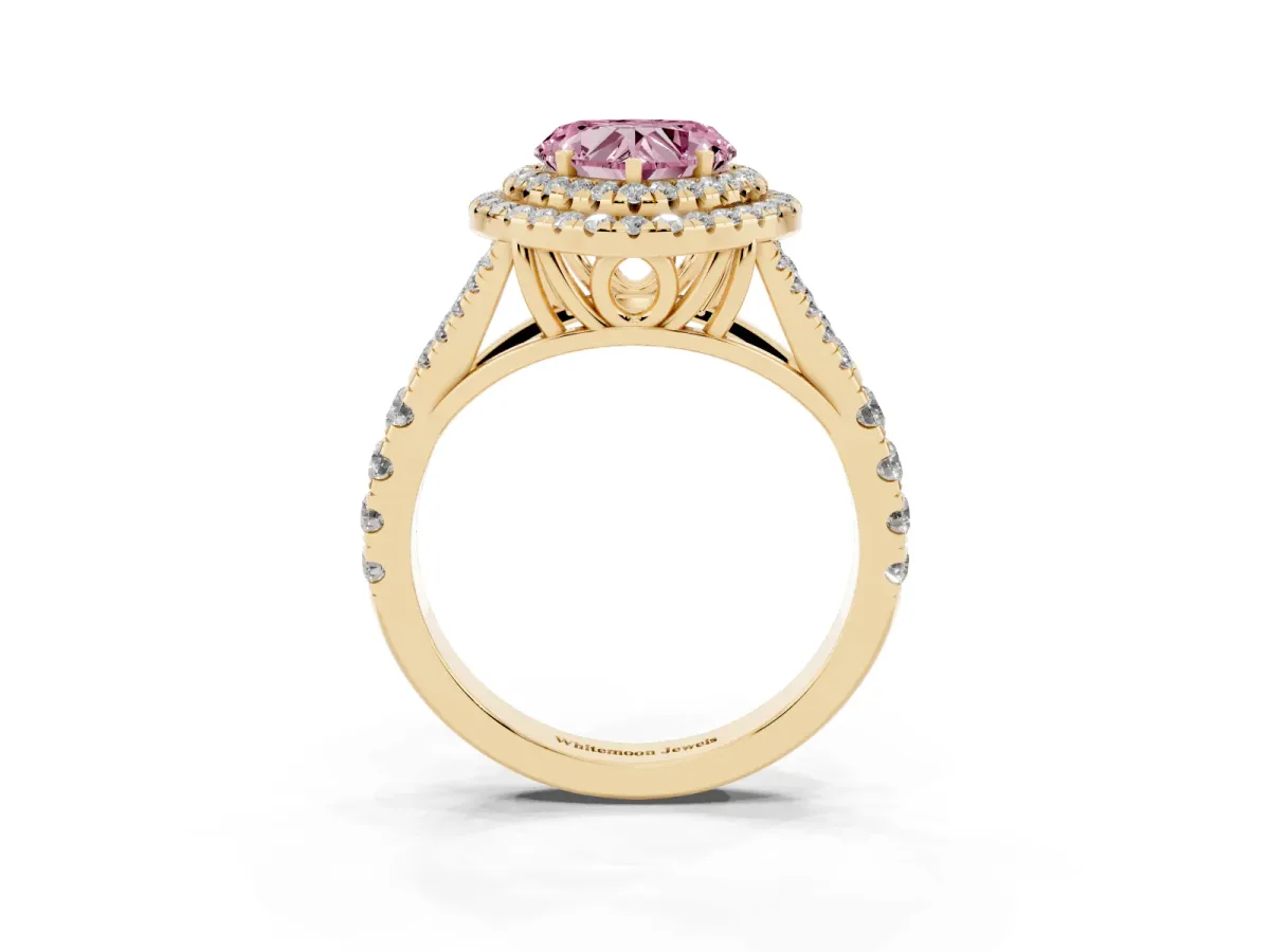 Fancy Pink Heart Cut Cut Double Halo Split Shank Diamond Ring with Prong Setting Yellow gold