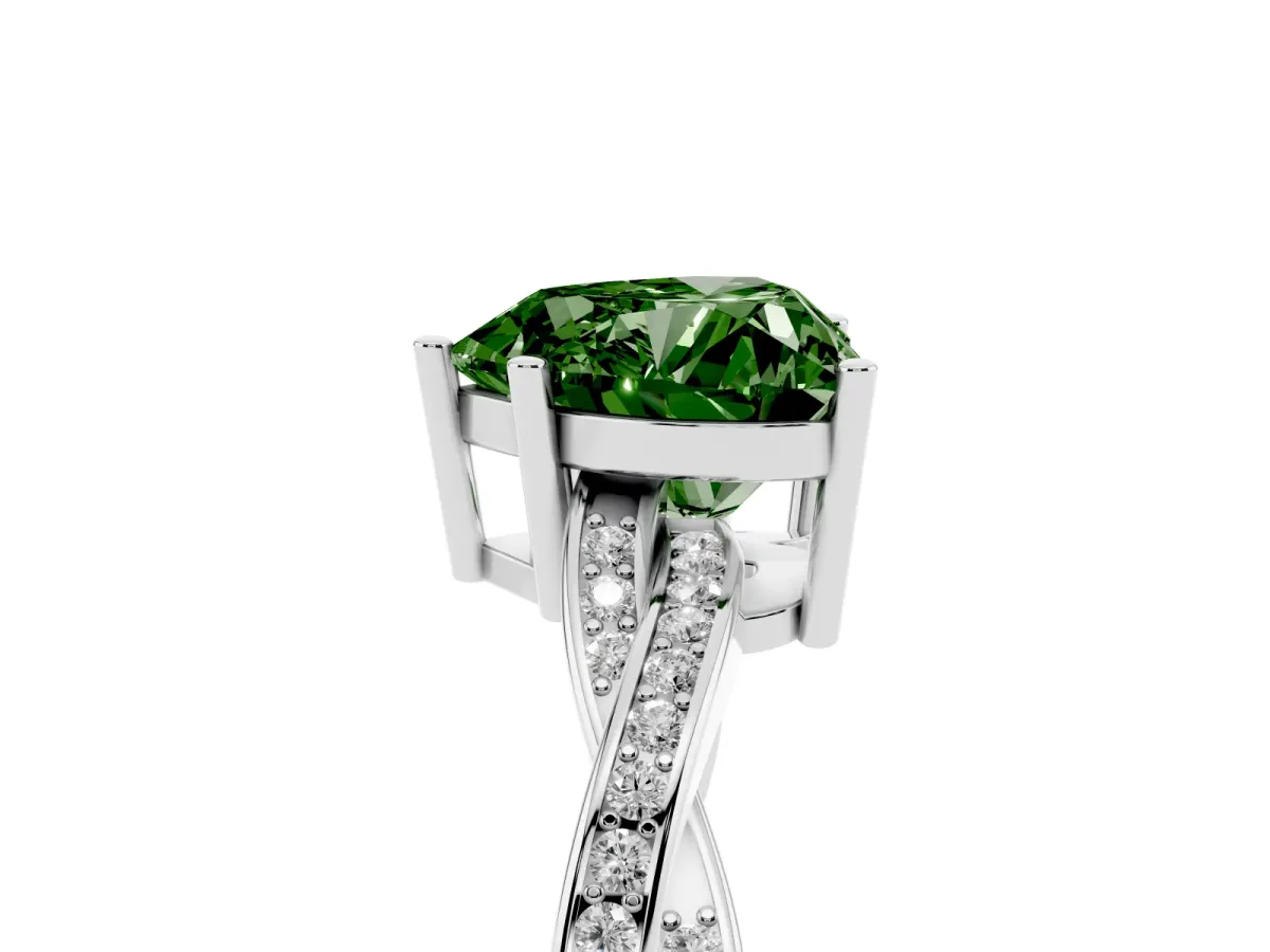 Fancy Green Heart Cut Solitaire Twisted Pave Diamond Ring with Four-Prong Setting White gold