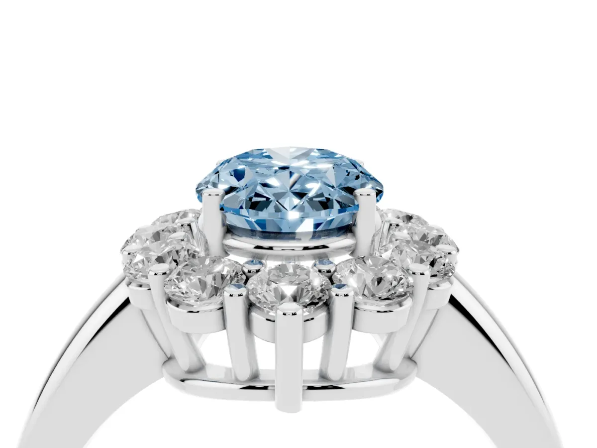Fancy Blue Oval Cut Halo Cluster Diamond Engagement Ring with Prong Setting and Polished Band Silver