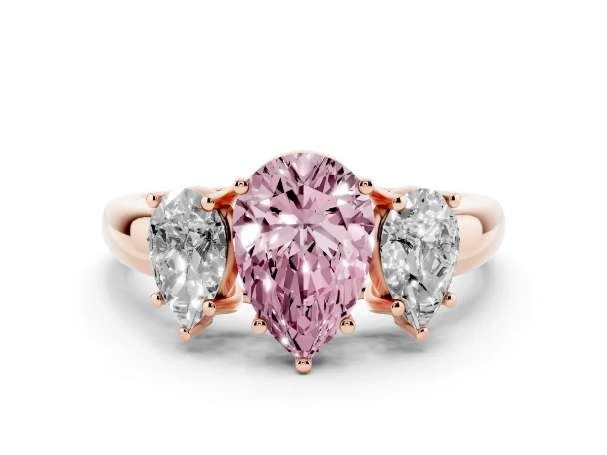 Fancy Pink Three-Stone Pear Cut Diamond Engagement Ring with Prong Setting Rose gold