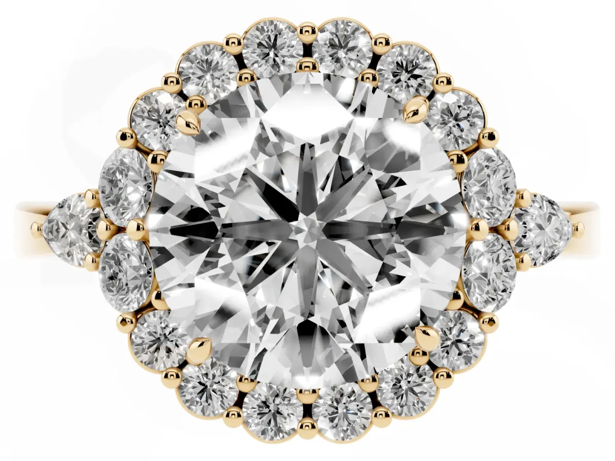 Round Cut Diamond Halo Ring with Pear Side Stones and Prong Setting Yellow gold