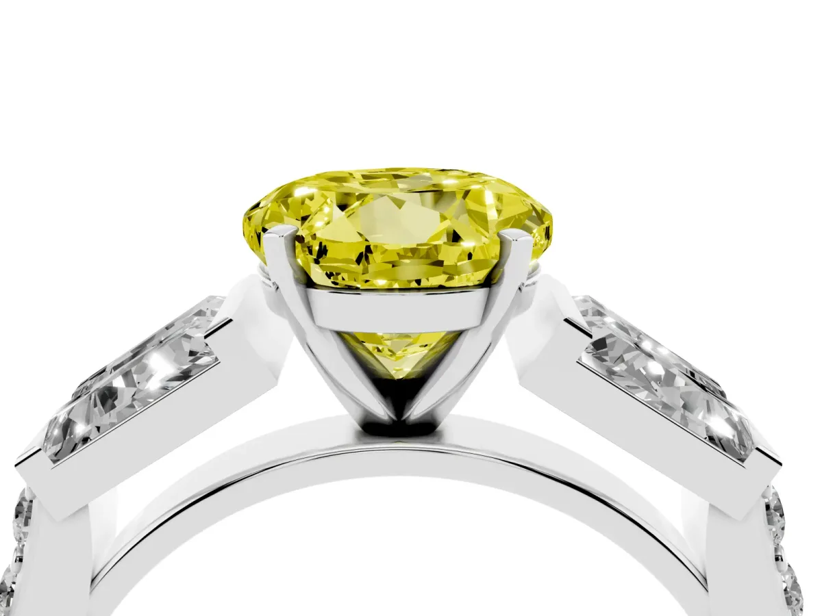 Fancy Yellow Round Cut Diamond Engagement Ring with Baguette Side Stones and Channel Set Band Silver
