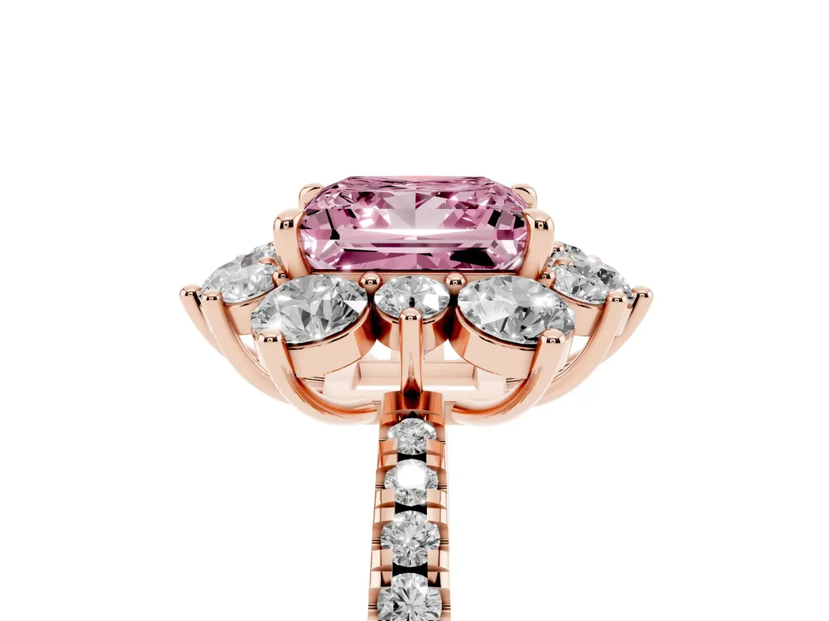 Fancy Pink Princess Cut Diamond Floral Halo Ring with Round Pavé Band and Prong Setting Rose gold