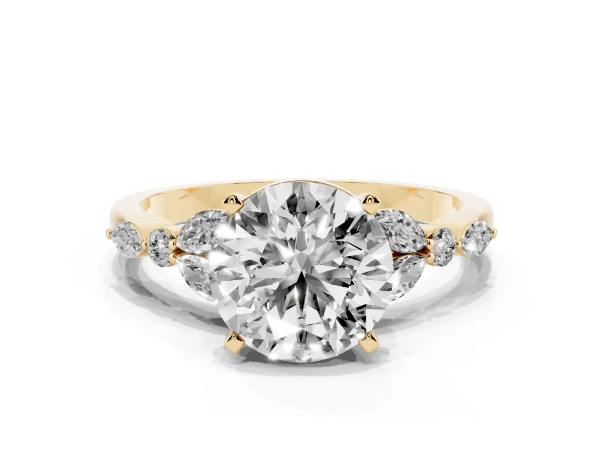 Round Cut Diamond Solitaire Ring with Side Stones and Four-Prong Setting Yellow gold