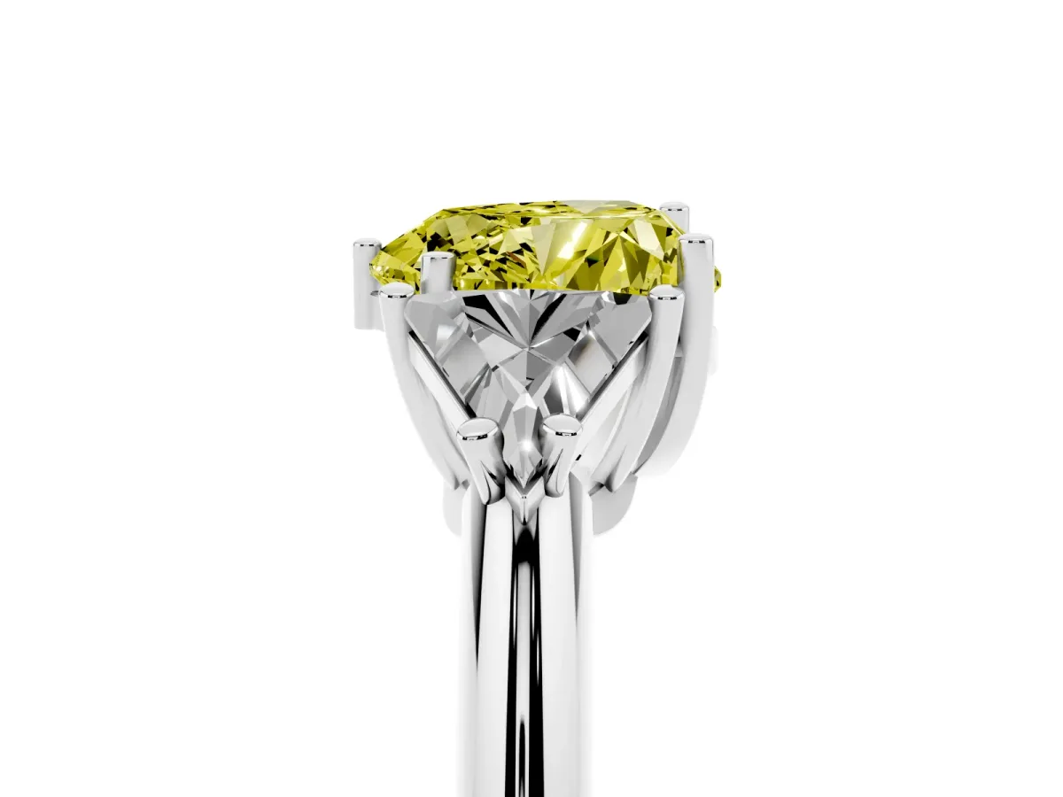 Fancy Yellow Three-Stone Heart Cut Diamond Engagement Ring with Trillion Side Stones and Prong Setting Silver