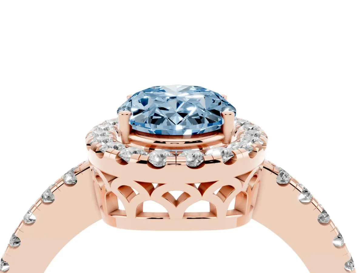 Fancy Blue Oval Cut Halo Diamond Engagement Ring with Pavé Band and Four-Prong Setting Rose gold