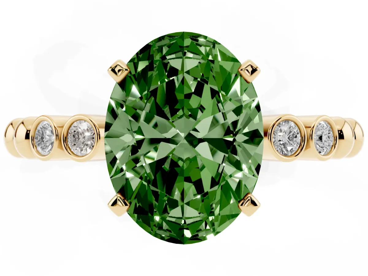 Fancy Green Oval Cut Solitaire Bezel Accent Diamond Engagement Ring with Beaded Band and Four-Prong Setting Yellow gold