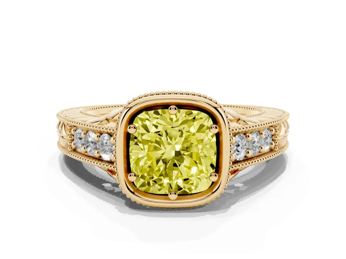 Fancy Yellow Bezel Set Cushion Cut Diamond Milgrain Pave Engagement Ring Yellow gold