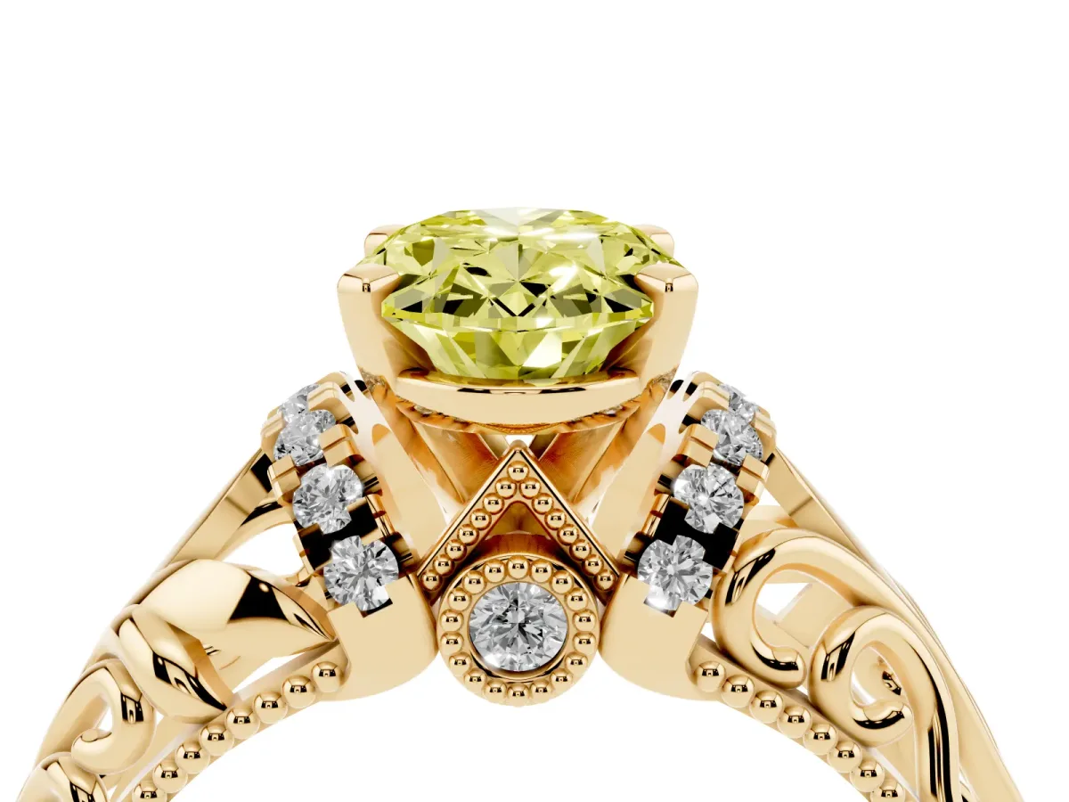 Fancy Yellow Oval Cut Solitaire Filigree Engagement Ring with Halo and Prong Setting Yellow gold