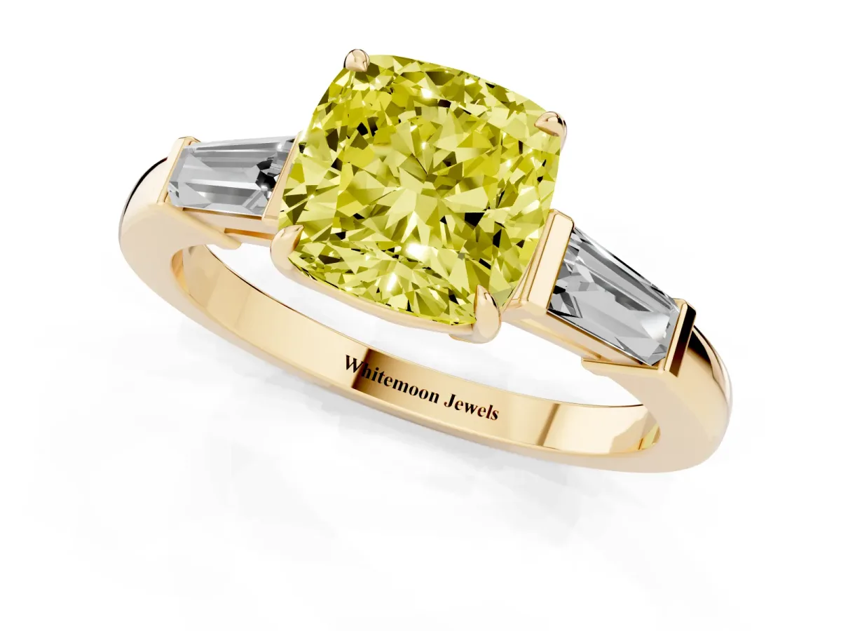 Fancy Yellow Cushion Cut Diamond Three-Stone Ring with Tapered Baguette Side Stones and Prong Setting Yellow gold