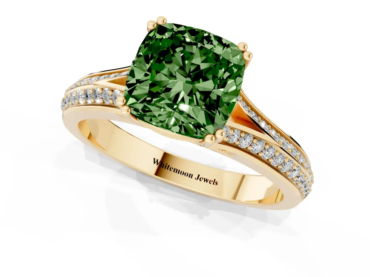 Fancy Green Cushion Cut Diamond Split Shank Engagement Ring with Pavé Band Yellow gold