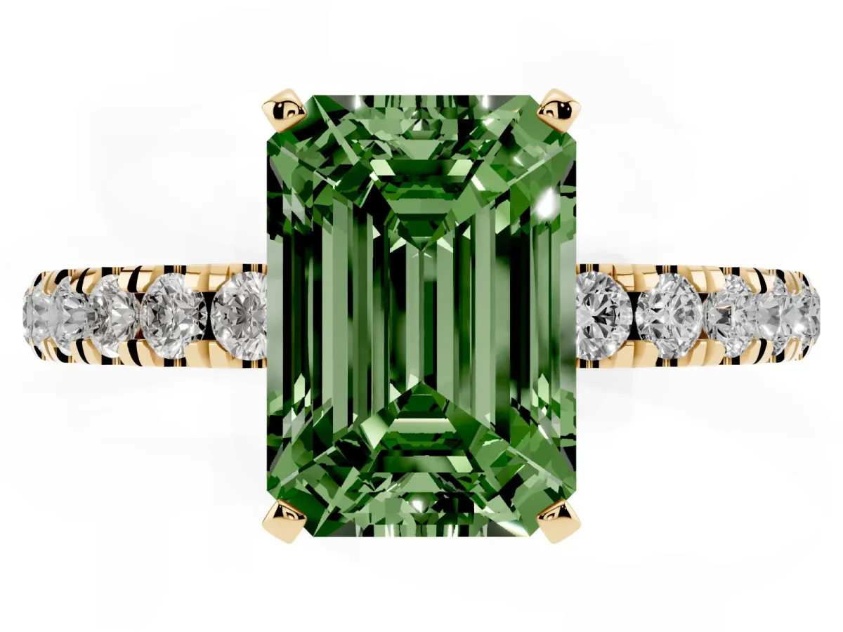 Fancy Green Emerald Cut Diamond Solitaire Ring with Pavé Accents and Four-Prong Setting Yellow gold