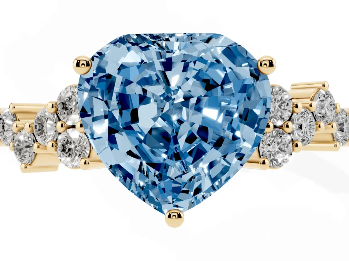 Fancy Blue Heart Cut Diamond Scattered Round Accent Ring with Prong Setting Yellow gold