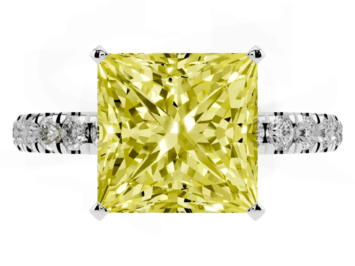 Fancy Yellow Princess Cut Diamond Solitaire Ring with Pavé Accents and Four-Prong Setting Platinum