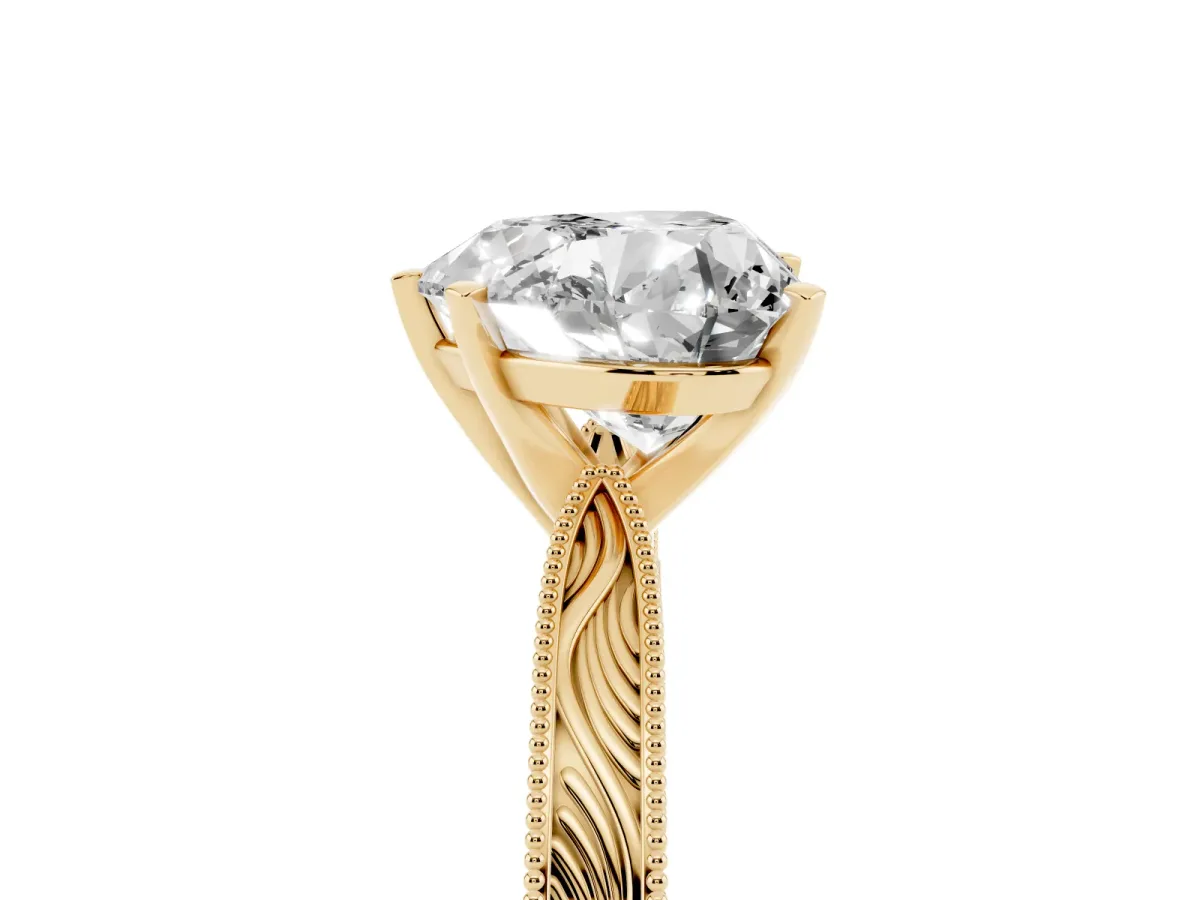 Heart Cut Solitaire Milgrain Engraved Band with Four-Prong Setting Yellow gold