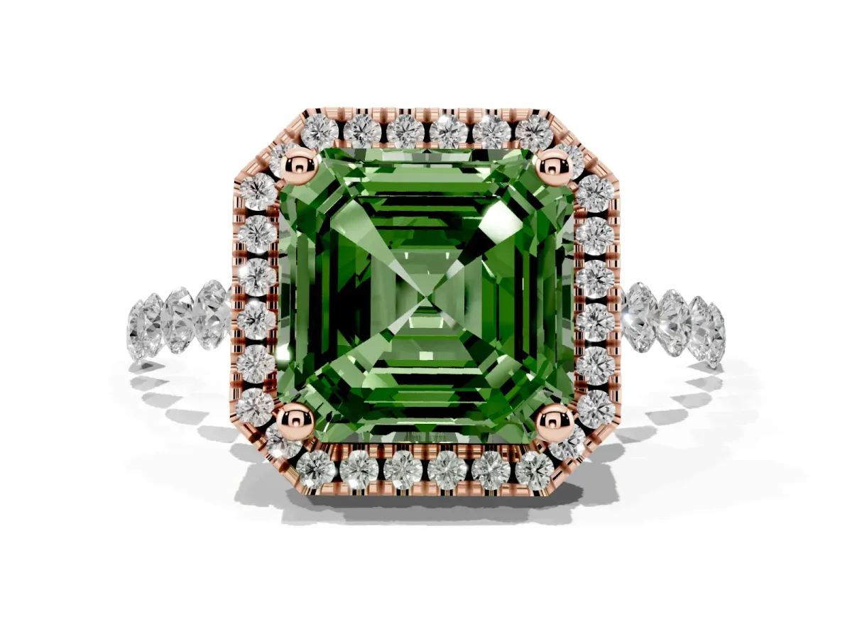 Fancy Green Asscher Cut Halo Pavé Diamond Engagement Ring with Four-Prong Setting Rose gold
