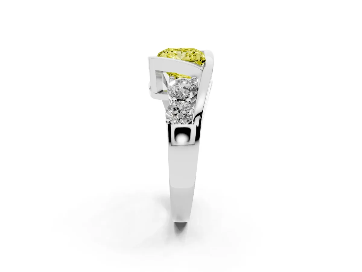 Fancy Yellow Bezel Set Princess Cut Diamond Bypass Ring with Round Accents Silver