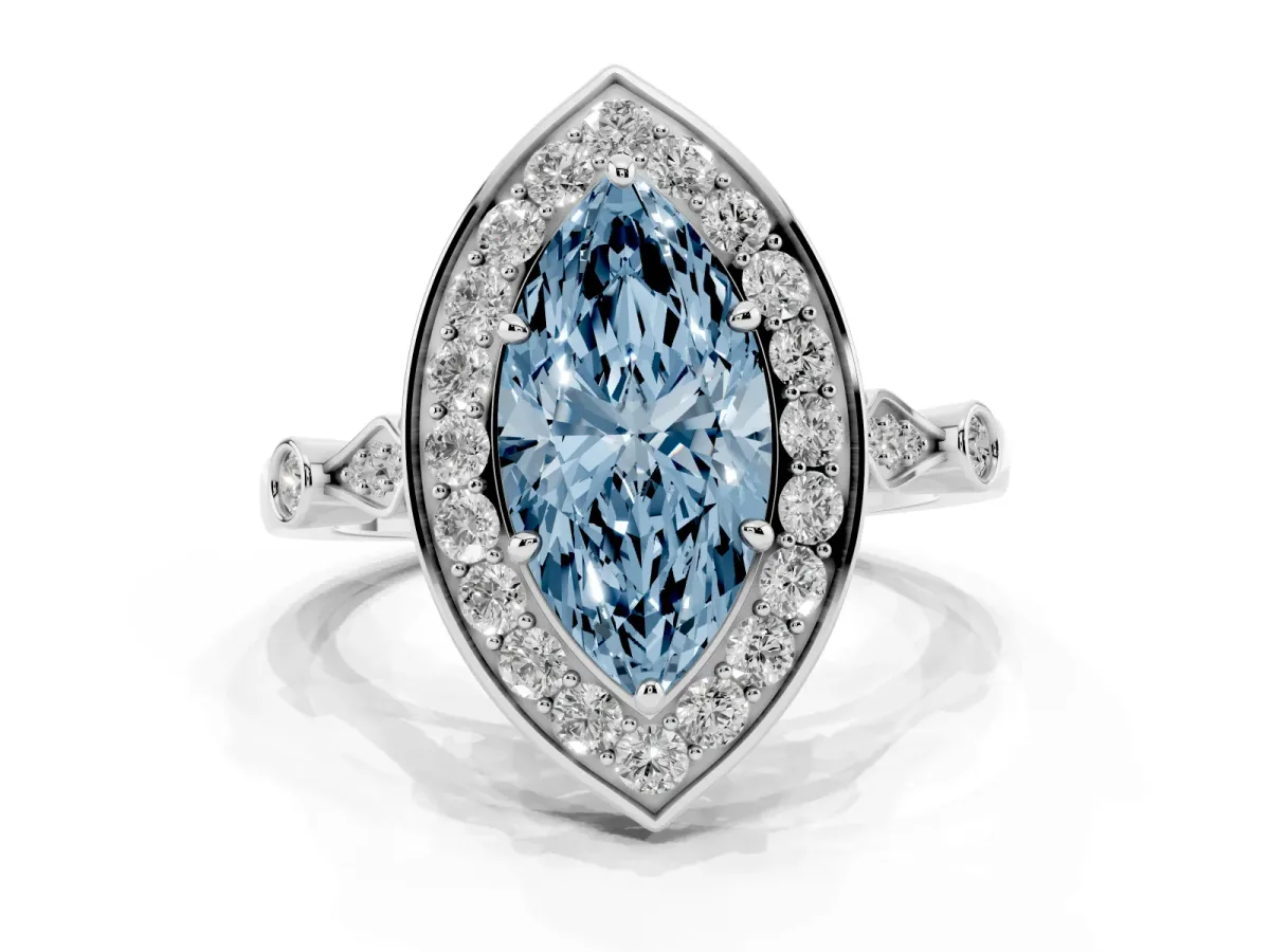 Fancy Blue Marquise Cut Halo Diamond Engagement Ring with Twisted Band and Four-Prong Setting White gold