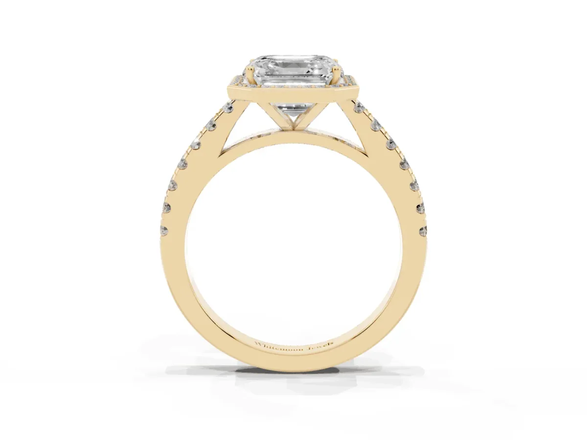 Asscher Cut Cut Halo Diamond Engagement Ring with Pave Band and Four-Prong Setting Yellow gold