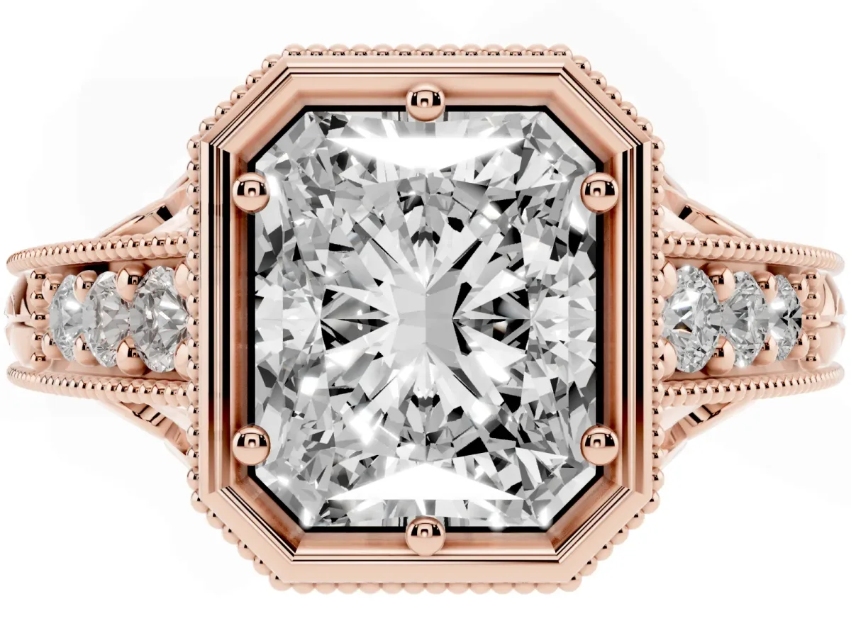 Bezel Set Radiant Cut Diamond Milgrain Pave Engagement Ring Rose gold