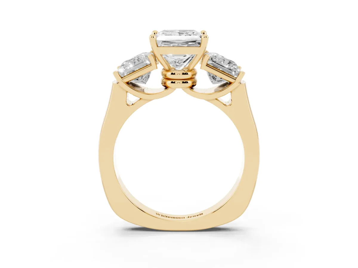 Three-Stone Princess Cut Brilliant Diamond Trellis Ring with Comfort Fit Band Yellow gold