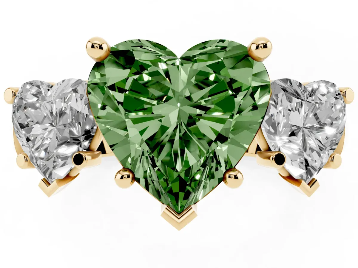Fancy Green Three-Stone Heart Cut Brilliant Diamond Trellis Ring with Comfort Fit Band Yellow gold