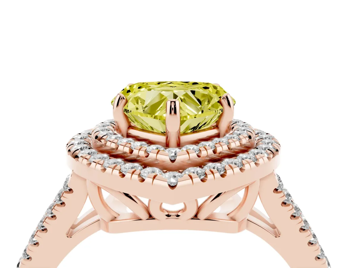Fancy Yellow Heart Cut Diamond Double Halo Ring with Pavé Band and Prong Setting Rose gold