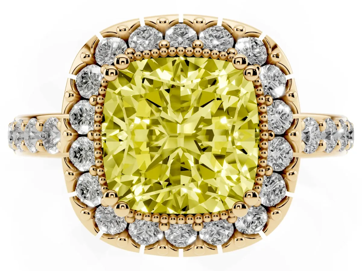 Fancy Yellow Cushion Cut Diamond Halo Ring with Pavé Band and Prong Setting Yellow gold