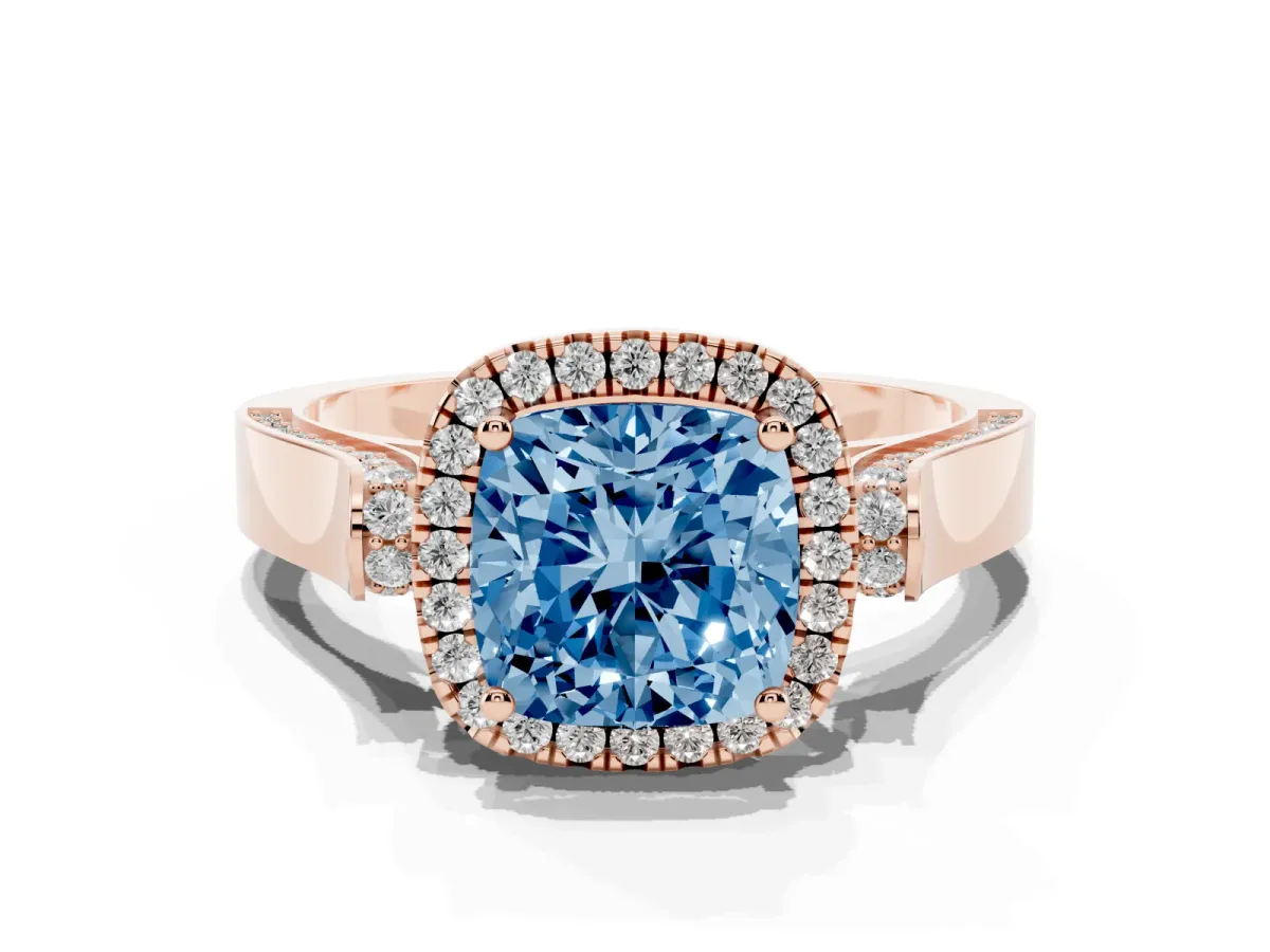 Fancy Blue Cushion Cut Halo Pave Split Shank Prong Setting Ring Rose gold