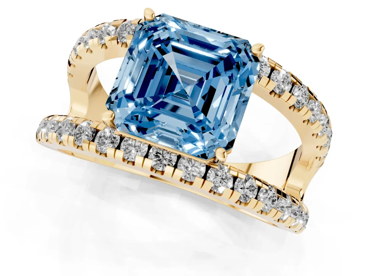 Fancy Blue Asscher Cut Solitaire Split Shank Pave Diamond Ring Yellow gold