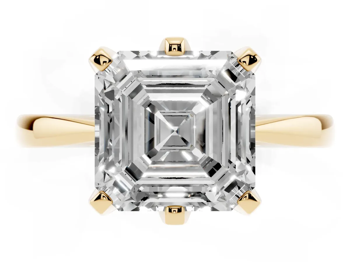 Asscher Cut Solitaire Engagement Ring with Six-Prong Setting and Tapered Band Yellow gold