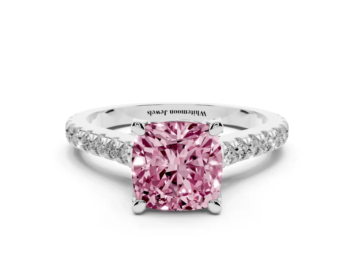 Fancy Pink Cushion Cut Brilliant Diamond Solitaire with Pavé Band and Four-Prong Setting White gold