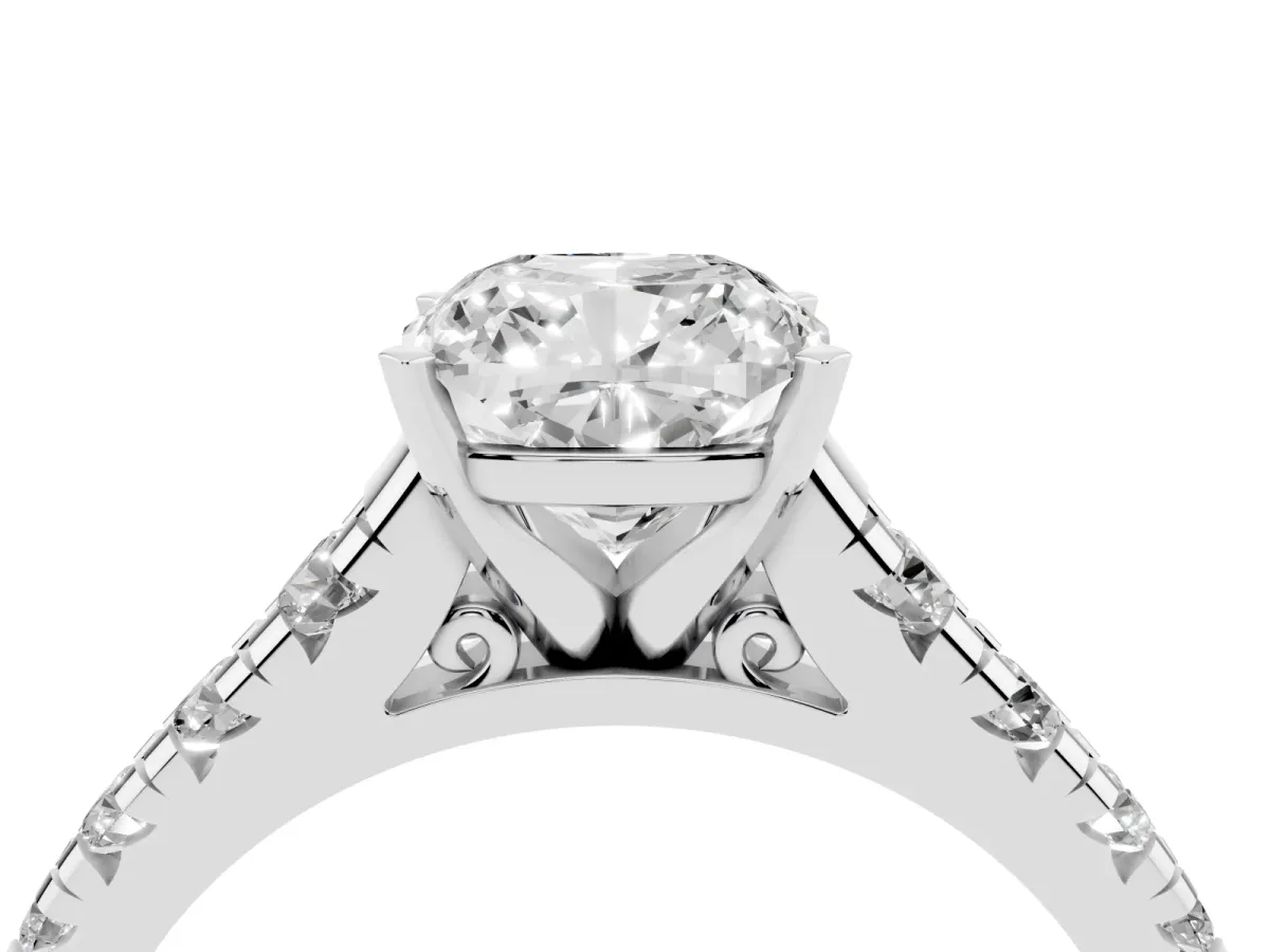 Cushion Cut Diamond Cathedral Solitaire Ring with Round Pavé Band Platinum