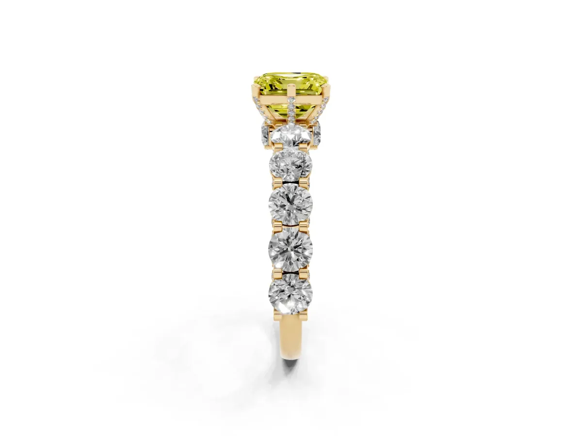 Fancy Yellow Asscher Cut Diamond Side Stone Engagement Ring with Four-Prong Setting Yellow gold