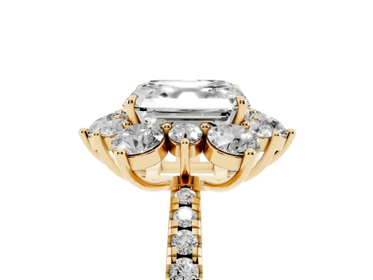 Asscher Cut Diamond Floral Halo Ring with Round Pavé Band and Prong Setting Yellow gold