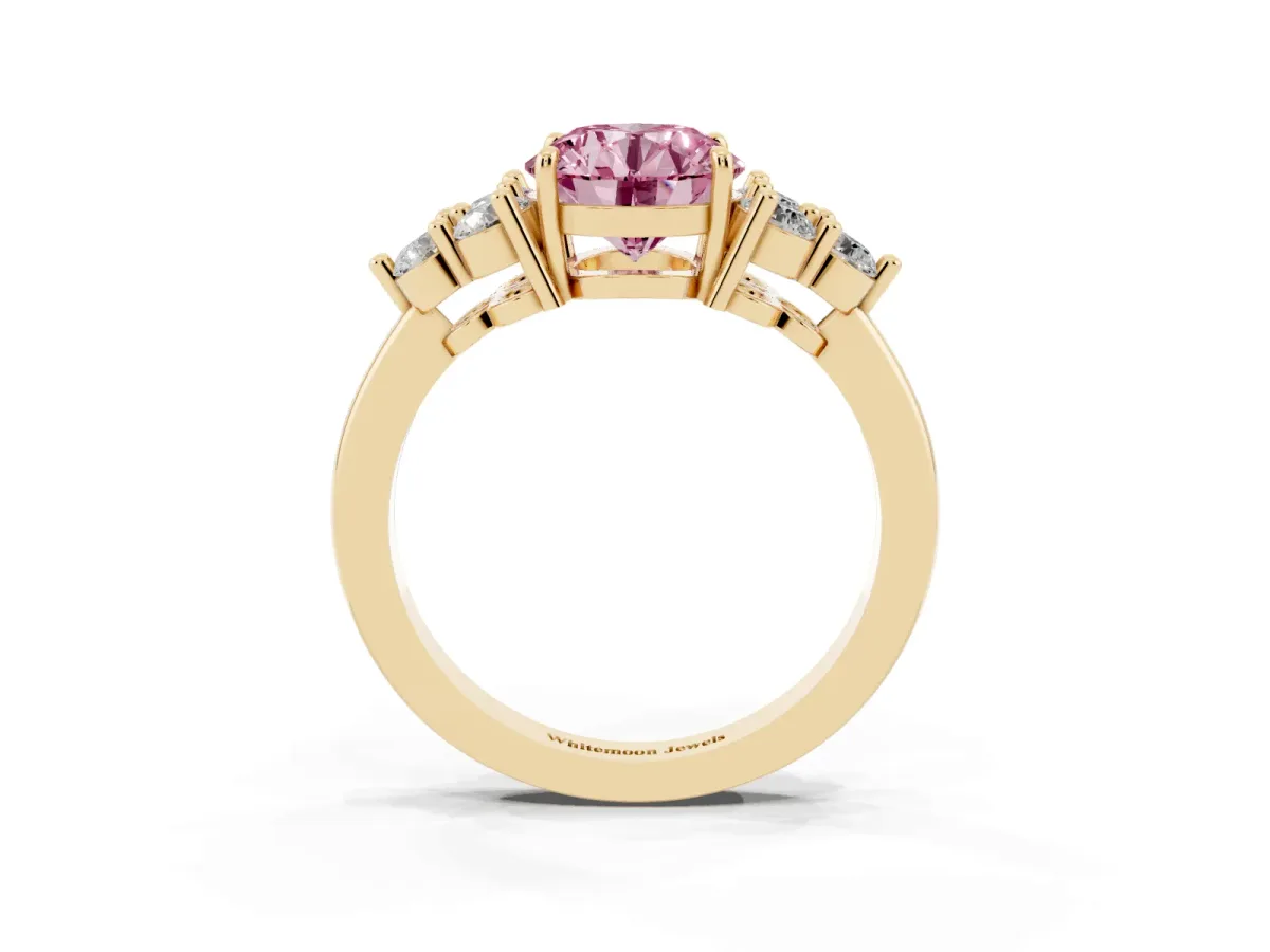 Fancy Pink Round Cut Brilliant Diamond Cluster Accent Solitaire Ring with Prong Setting Yellow gold