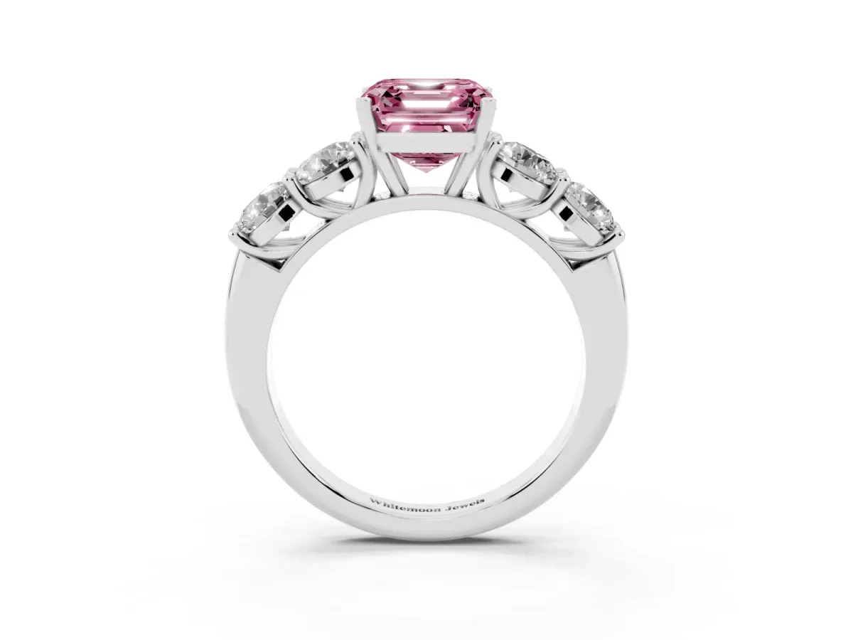 Fancy Pink Asscher Cut Cut Five-Stone Prong Set Diamond Ring with Classic Band White gold