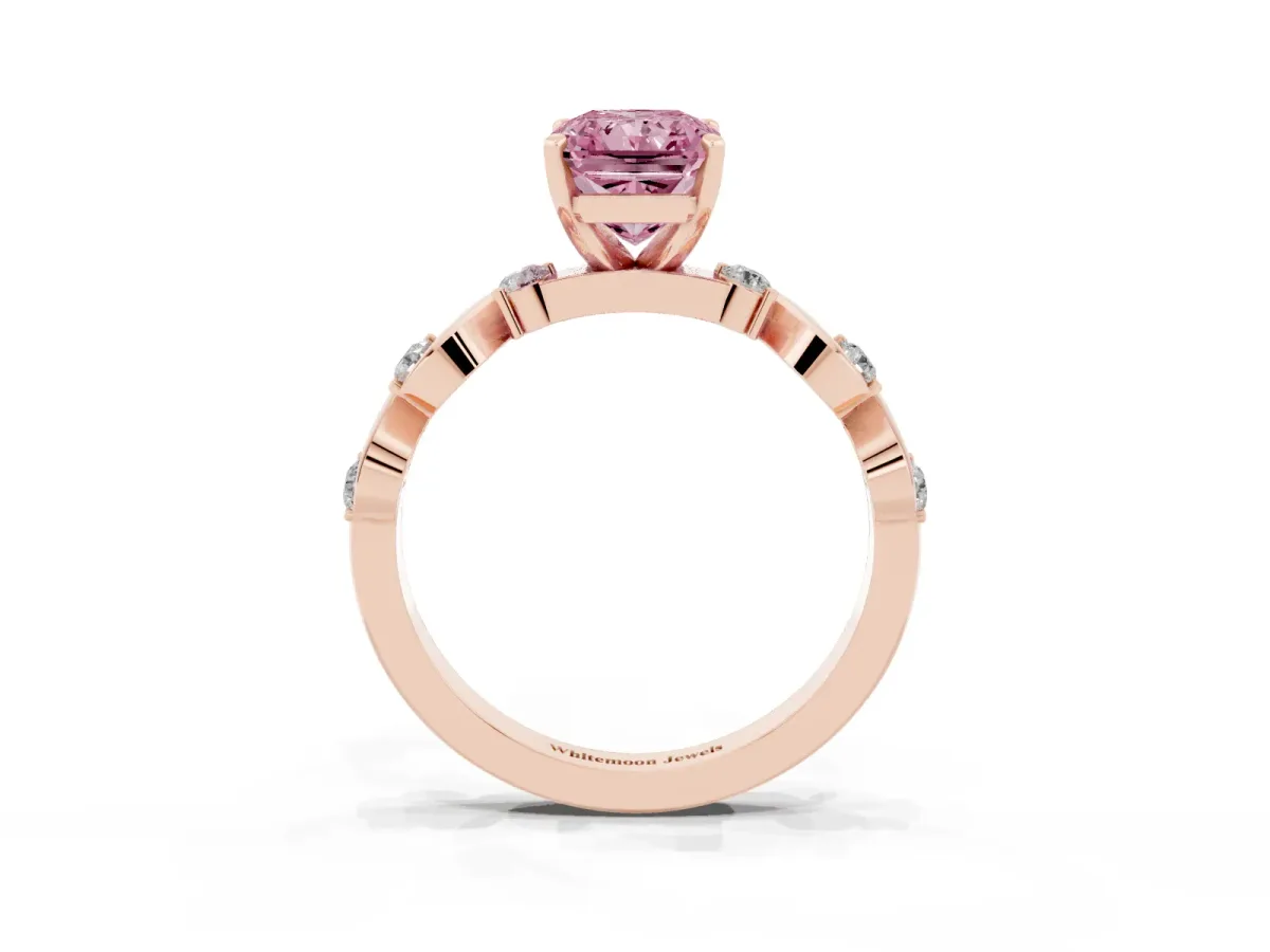 Fancy Pink Radiant Cut Diamond Solitaire Twisted Band with Round Accents and Prong Setting Rose gold