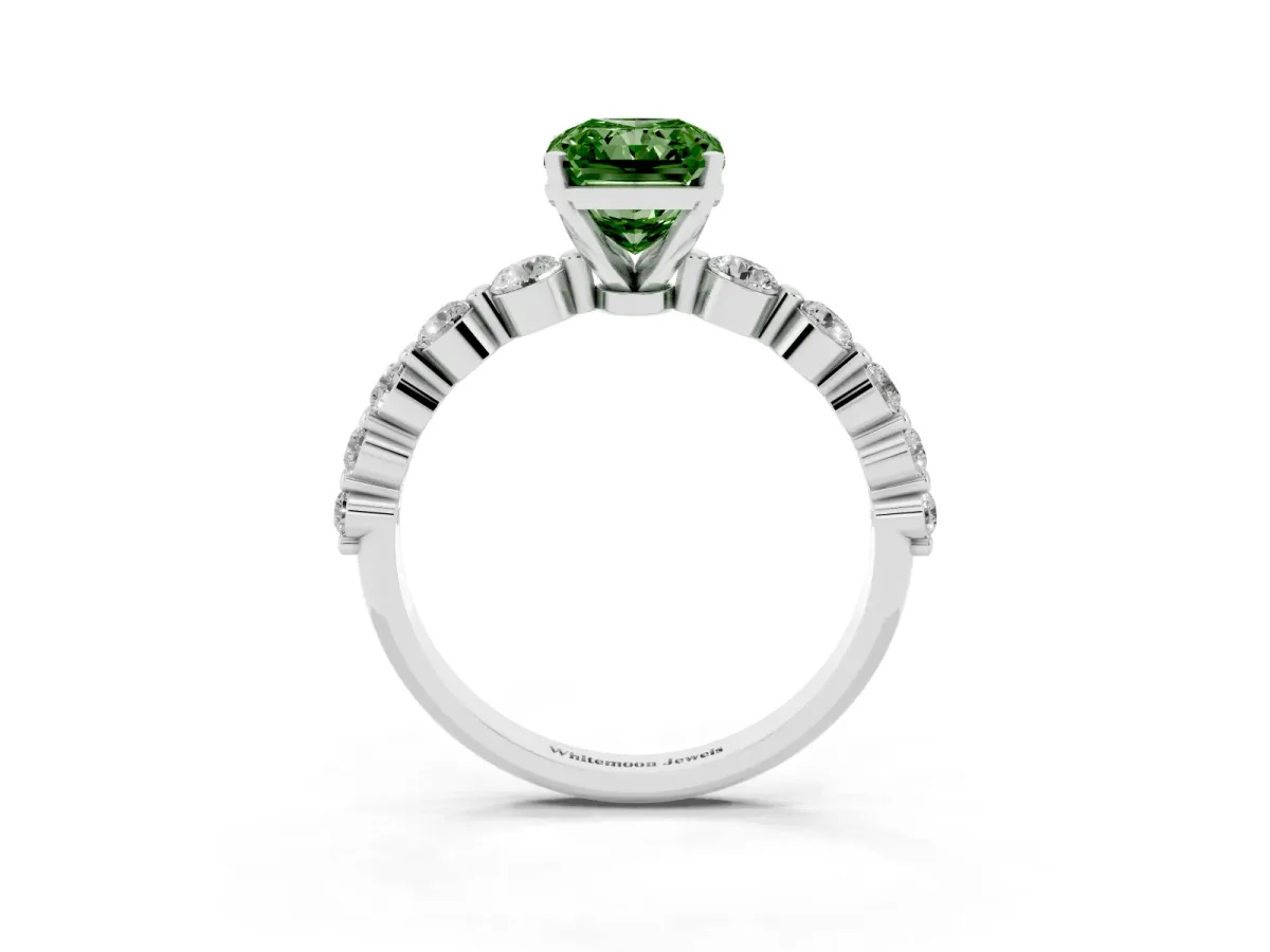 Fancy Green Radiant Cut Solitaire Diamond Ring with Pave Band and Four-Prong Setting Silver