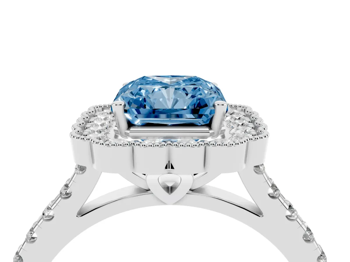 Fancy Blue Radiant Cut Cut Diamond Milgrain Floral Halo Engagement Ring with Pavé Band Silver