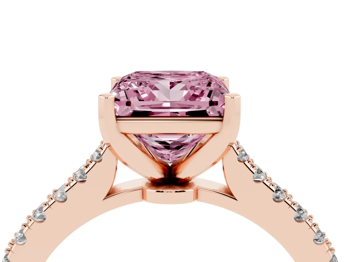 Fancy Pink Princess Cut Cut Solitaire Diamond Engagement Ring with Pave Band and Four-Prong Setting Rose gold