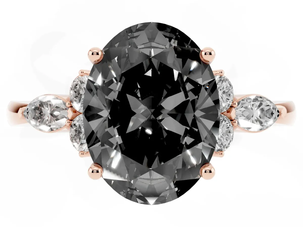 Fancy Black Oval Cut Brilliant Diamond Solitaire Ring with Pear Side Stones and Four-Prong Setting Rose gold