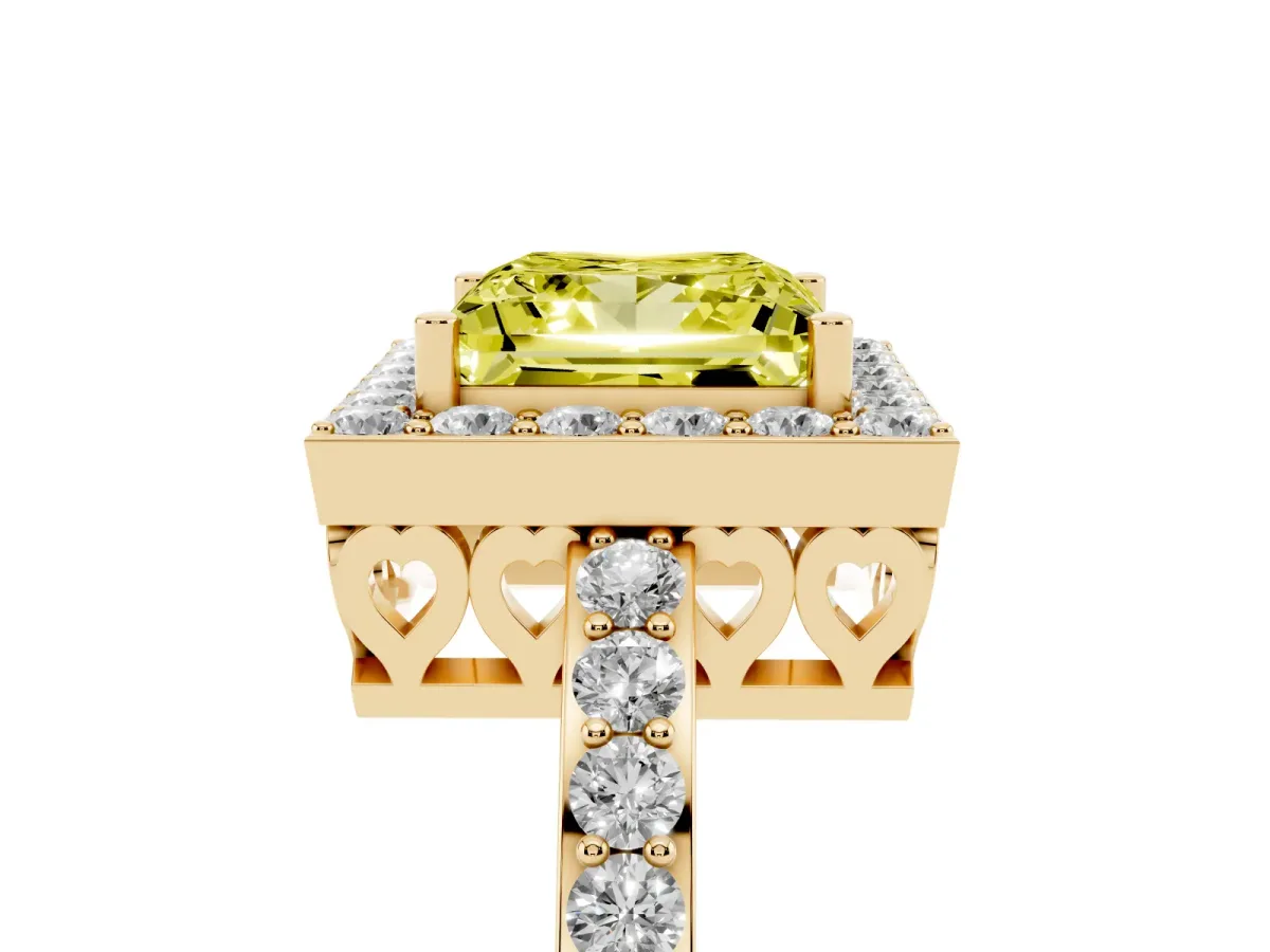 Fancy Yellow Princess Cut Halo Diamond Pavé Band Ring with Prong Setting Yellow gold