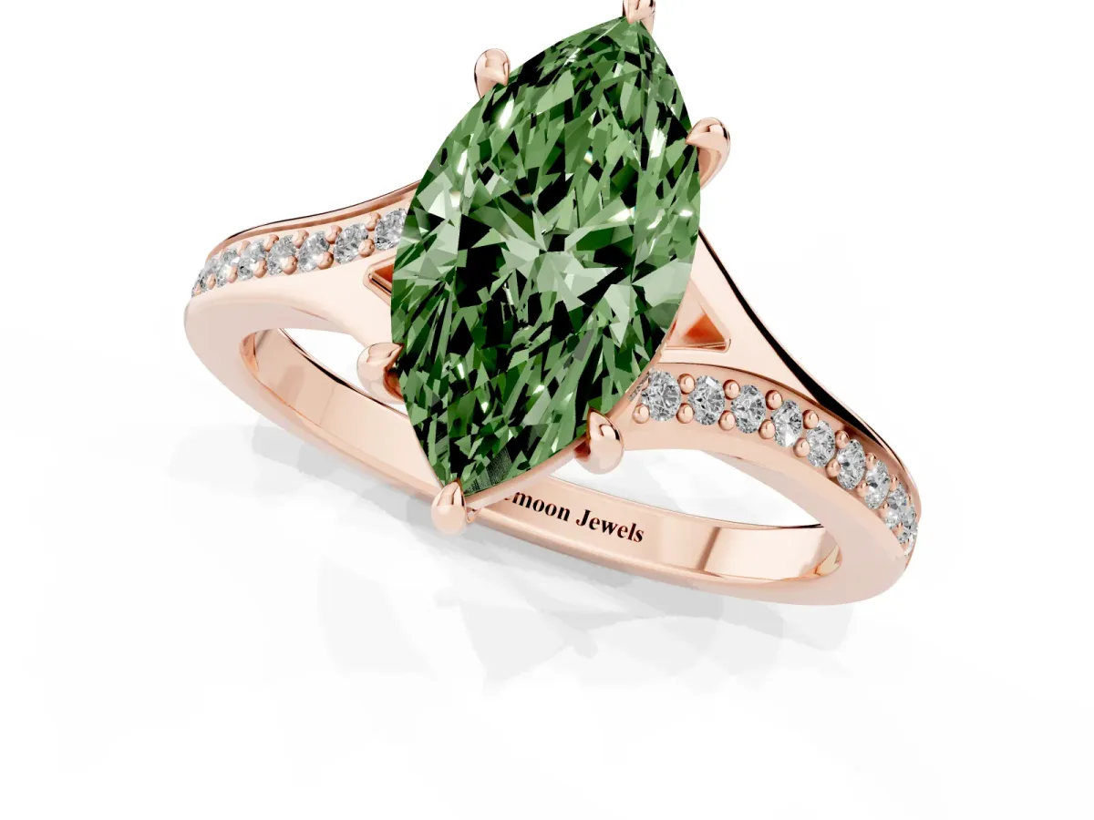 Fancy Green Marquise Cut Diamond Solitaire Ring with Pavé Band and Prong Setting Rose gold