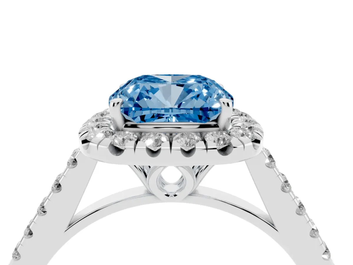 Fancy Blue Cushion Cut Halo Pavé Diamond Engagement Ring with Four-Prong Setting Platinum