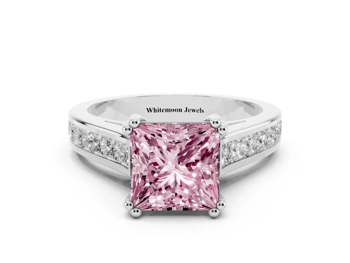Fancy Pink Princess Cut Cut Channel Set Solitaire Engagement Ring with Prong Setting Platinum