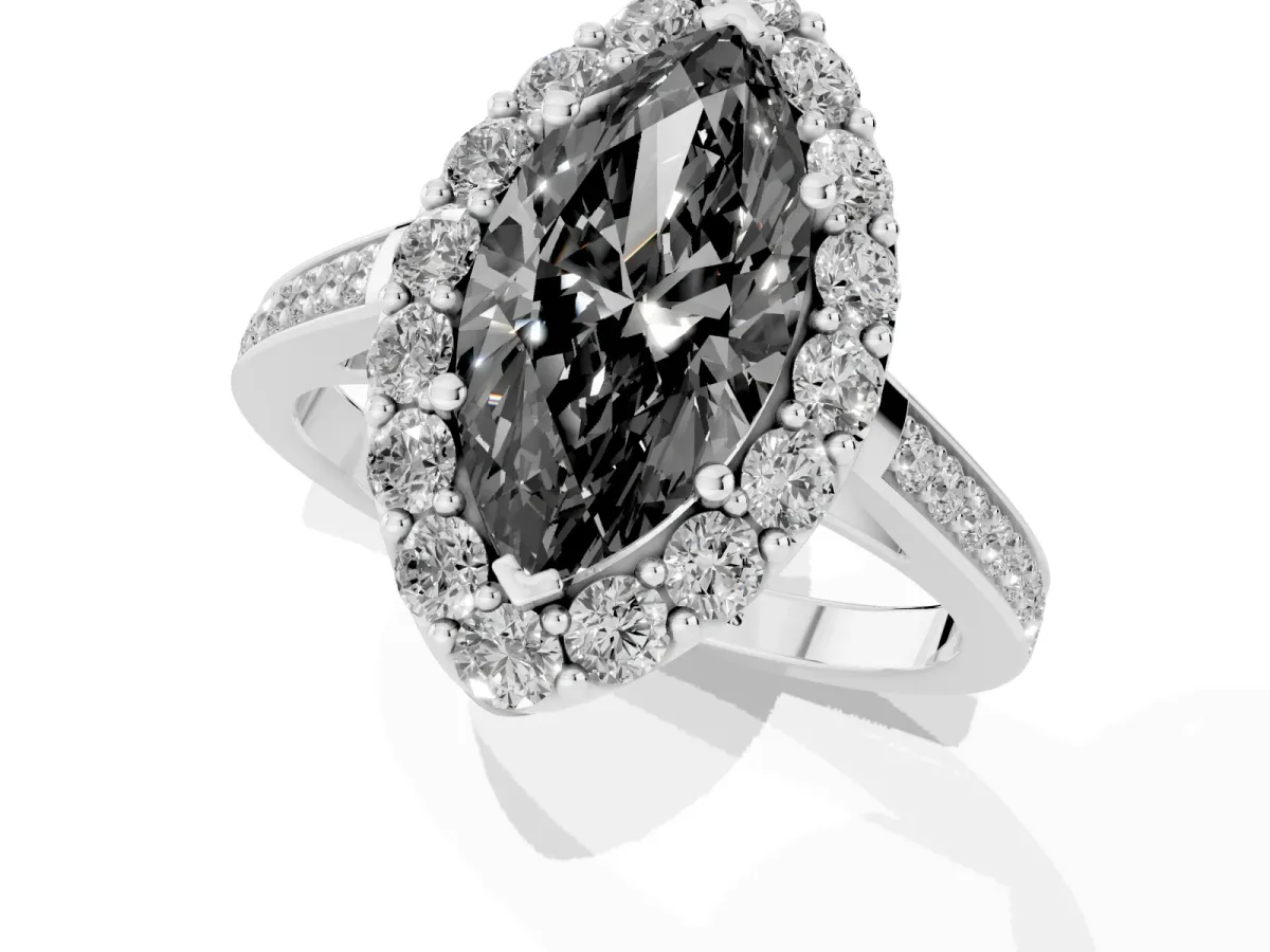Fancy Black Marquise Cut Diamond Floral Halo Ring with Pavé Band and Prong Setting Silver