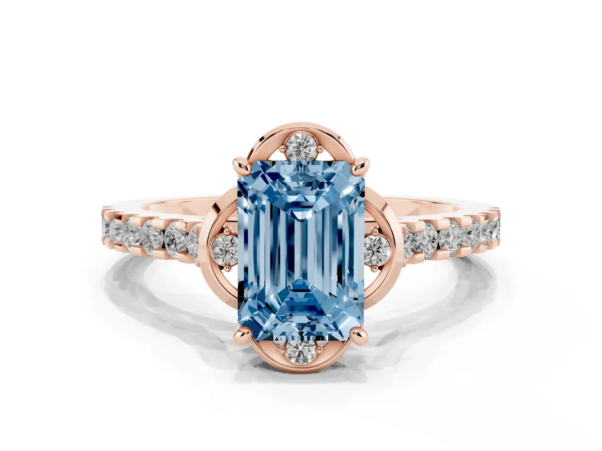 Fancy Blue Emerald Cut Diamond Ring with Pavé Band and Floral Prong Setting Rose gold